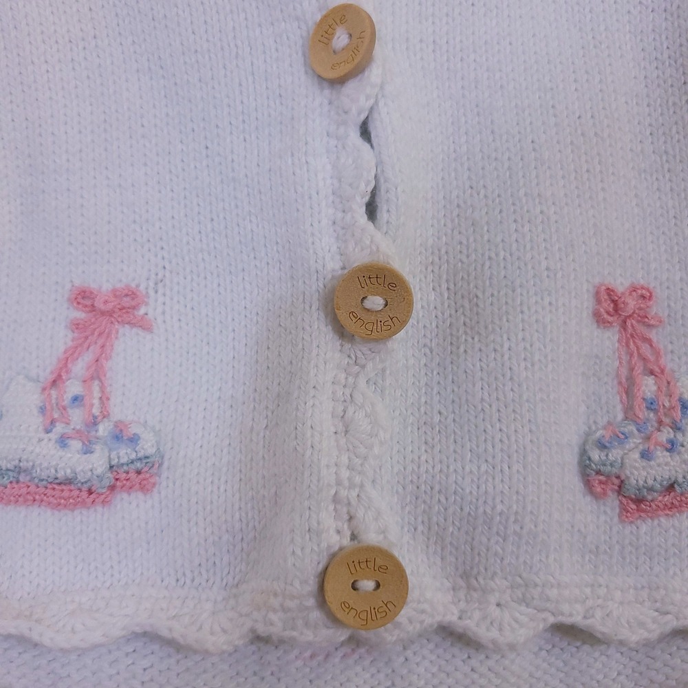 Little English White Hand Embroidered Ice Skate Cotton Cardigan Sweater 6M - Picture 3 of 10